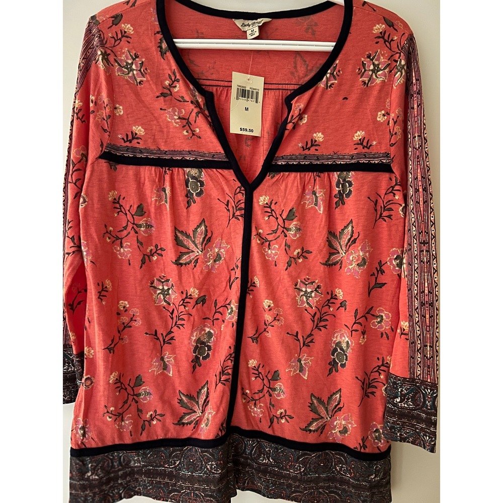 Lucky Brand Women Coral Red Floral Paisley Split Neck Top 7W63002 Size M NEW - Picture 3 of 11